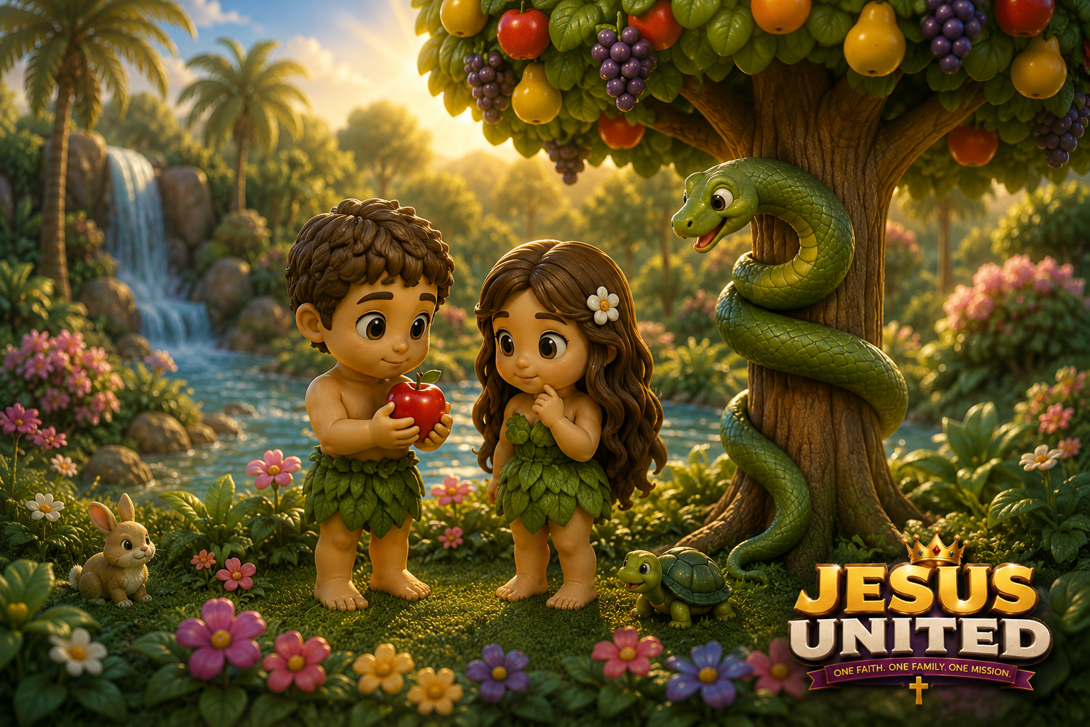 Jesus United claymation scene of Adam and Eve in the garden